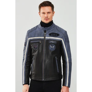 Takeoff Erkek Mavi Siyah Slim-Fit Deri Ceket