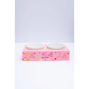 Akrilik Pleksi Evcil Hayvan Beyaz Seramik Kaseli Kedi Mini Köpek Mama Su Kabı- Pembe Ayıcık