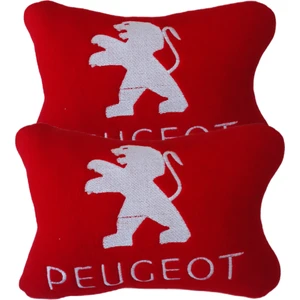 Tusba Market Peugeot Uyumlu Beyaz Nakışlı Kırmızı Polar Araç & Oto Koltuk Seyahat Boyun Yastığı / 2'li Set