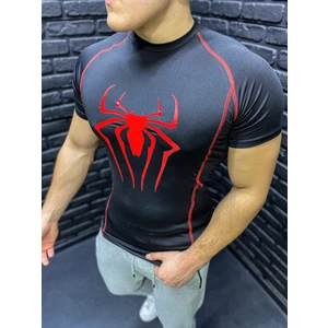 Compression Tshirt Fit Spor Kısa Kollu Vücuda Yapışan Kırmızı Spiderman Baskılı Çizgili Siyah T-Shirt