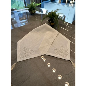 Fransız Dantelli Köşe Püsküllü Gold Simli Ekru Runner