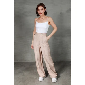 Kadın Bej Rahat Kesim Düğme Detaylı Pensli %100 Pamuk Bol Paça Keten Pantolon - 24552