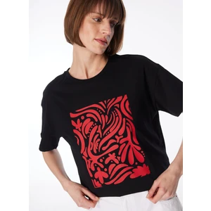 Bisiklet Yaka Baskılı Siyah Kadın T-Shirt F4SL-TST0348