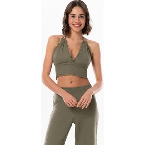 Eliş Şile Bezi Göcek Bağlama Detaylı Yazlık Müslin Büstiyer Haki Hk