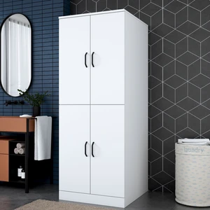 KD109 Çamaşır Makinesi Dolabı 4 Kapaklı 2 Raflı Banyo Dolabı Beyaz