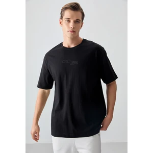 Air Jones Siyah %100 Pamuk Kalın Yumuşak Dokulu Oversize Fit Baskılı Erkek T-Shirt - 88361