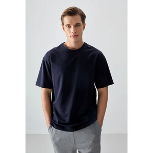 Lacivert Pamuklu Kalın Yumuşak Dokulu Oversize Fit Basic Erkek T-Shirt - 88377