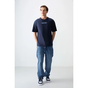 Air Jones Lacivert %100 Pamuk Kalın Yumuşak Dokulu Oversize Fit Baskılı Erkek T-Shirt - 88356
