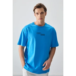 Air Jones Petrol Mavi %100 Pamuk Kalın Yumuşak Dokulu Oversize Fit Baskılı Erkek T-Shirt - 88361