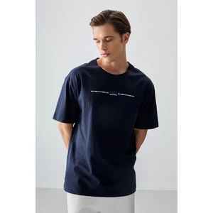 Air Jones Lacivert %100 Pamuk Kalın Yumuşak Dokulu Oversize Fit Baskılı Erkek T-Shirt - 88357
