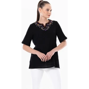 Eliş Şile Bezi Kısa Kol Şile Bezi Gökkuşağı Nakış Detaylı Yazlık Bluz Siyah Syh