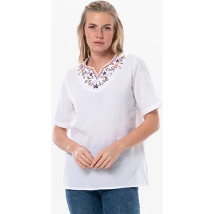 Eliş Şile Bezi Kısa Kol Şile Bezi Gökkuşağı Nakış Detaylı Yazlık Bluz Beyaz Byz