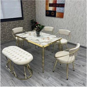 By Orhan Güzel Mutfak Masa Sandalye Takımı 80-120 Ck Gold Benchli 6 Kişilik Mutfak Masası Takımı