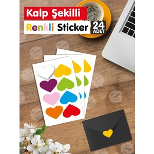 Tuğset Etiket Yapışkanlı Kalp Şekilli Renkli Sticker Etiket Hediye Paketleme Parti Hediyeleri 24 Adet 3,5x2,5 CM-T951