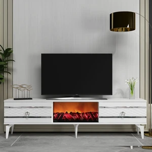 Demonte Dekor Pelin Tv Sehpası Şömineli Beyaz-Gümüş
