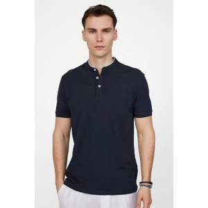 Erkek Slim Fit Dar Kesim %100 Pamuk Düz Pike Lacivert Hakim Yaka Tişört