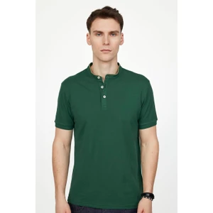 Erkek Slim Fit Dar Kesim %100 Pamuk Düz Pike Yeşil Hakim Yaka Tişört