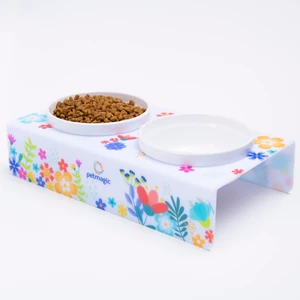 Akrilik Pleksi Evcil Hayvan Beyaz Seramik Kaseli Kedi ve Köpek Mama Su Kabı-Beyaz Bahar