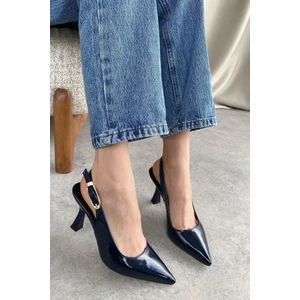 Moda Adam Kadın Ovis Sivri Topuklu Ayakkabı - Lacivert-Rugan