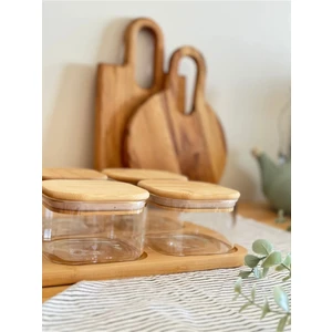 Bambu Kahvaltık Seti 6 Lı, Borosilikat Cam, Doğal Bambu Tepsili Vakumlu Kapak