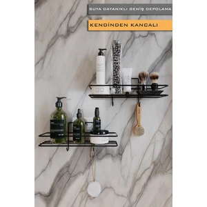 Boz Concept Home Paslanmaz 2li Set Banyo Düzenleyici Şampuanlık Mat Siyah Yapışkanlı 4 Askılı Duş Rafı Paslanmaz Organizer