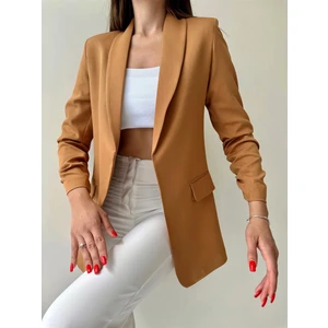 Seda Fidan Butik Kolu Büzgülü Blazer Ceket Camel