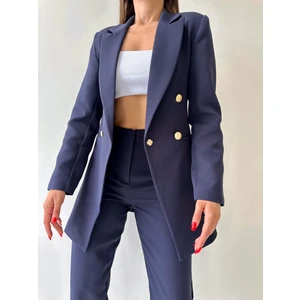 Seda Fidan Butik Uzun Gold Düğmeli Blazer Ceket Lacivert