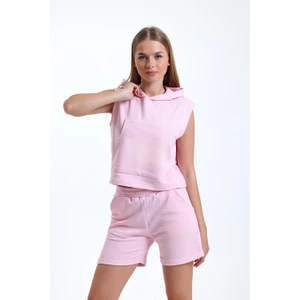 Pembe Paça Detaylı Cepli Yüksek Bel Kısa Sweat Şort