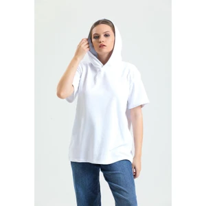 Beyaz Kısa Kollu Kapüşonlu Oversize Sweatshirt