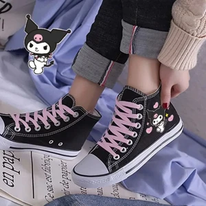 Touz Moda Kuromi Baskılı Pembe Bağcık Siyah Kanvas Ayakkabı