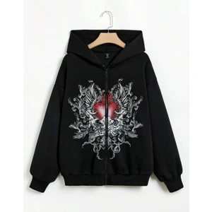 Touz Moda Gothic Heart Baskılı Oversize Fermuarlı Siyah Unisex Kapüşonlu Hırka