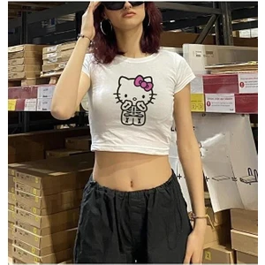 Touz Moda Hello Kitty Bony Baskılı Beyaz Crop
