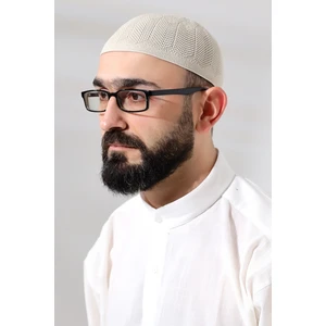 Krem Safir Dantel Detaylı Örme Namaz Takkesi