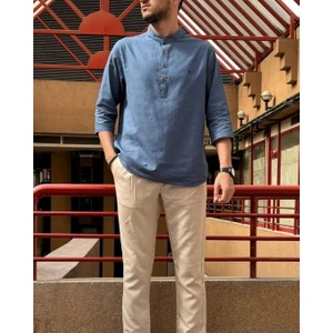 Erkek, Regular Fit, Hakim Yaka, Pamuklu, Keten Görünümlü Gömlek 24INPG07