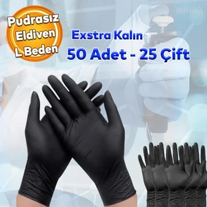 Haspet Ekstra Kalın Pudrasız Nitril Muayene Eldiveni Siyah L Beden Hijyenik Eldiven 50 Adet 25 Çift