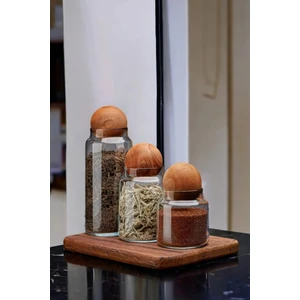 3'lü Ahşap Top Kapaklı Cam Kavanoz Seti Şekerlik Çerezlik Baharatlık ve Saklama Kabı