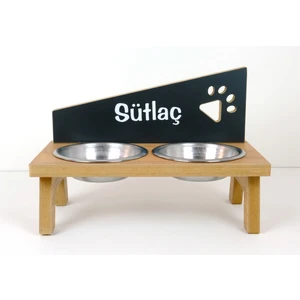 Ahşap Çelik Kâseli Özel İsim Baskılı Kedi-Köpek Mama ve Su Kabı-2*350 ml.