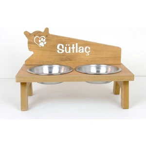 Özel İsim Baskılı Ahşap Çelik Kaseli Kedi-Köpek Mama ve Su Kabı Stantı/Beyaz-2*350 ml.