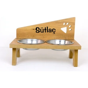 Ahşap Çelik Kâseli Özel Isim Baskılı Kedi-Köpek Mama ve Su Kabı-2*350 ml.