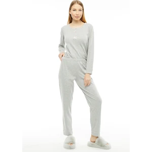 Kadın Pijama Gri Uzun Kol Ribana Pamuklu Pijama Takımı 6883