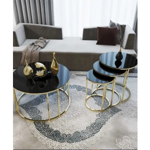 Sedaş Living Units 4 Lü Siyah Temperli Kırılmaz Cam Gold Metal Ayaklı Cam C Model Sehpa Takımı (Zigon ve Orta)