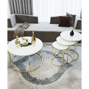 Sedaş Living Units 4 Lü Beyaz Temperli Kırılmaz Cam Beyaz Gold Metal Ayaklı Cam C Model Sehpa Takımı (Zigon ve Orta)