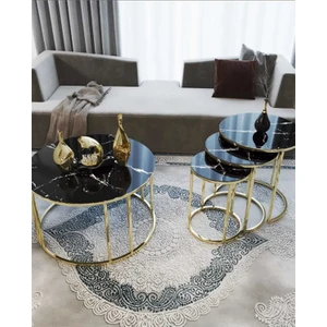 Sedaş Living Units 4 Lü SİYAH MERMER Temperli Kırılmaz Cam Gold Metal Ayaklı Cam C Model Sehpa Takımı (Zigon ve Orta)
