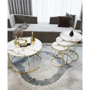 Sedaş Living Units 4 Lü Beyaz Mermer Temperli Kırılmaz Cam Gold Metal Ayaklı Cam C Model Sehpa Takımı (Zigon ve Orta)