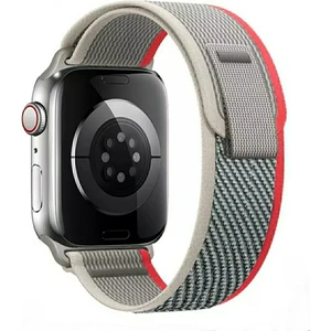 Apple Watch ( 38MM / 40MM/ 41 mm (Seriler /se ile Uyumlu ) Trail  Cırtlı Bant Kordon Gri Kırmızı