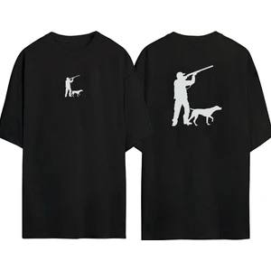 The Wert  Avcı ve Köpek Siluet Çizimi Ön Arka Baskılı Sıyah Oversize T-Shirt