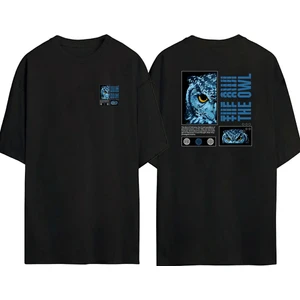 The Wert  The Owl, Baykuş Ön Arka Baskılı Sıyah Oversize T-Shirt
