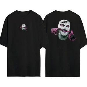 The Wert  Ganster Maske Smile  Ön Arka Baskılı Sıyah Oversize T-Shirt