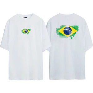 The Wert  Brezilya Bayrağı Ön Arka Baskılı Beyaz Oversize T-Shirt