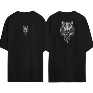 The Wert  Siyah ve Gri Kaplan Illüstrasyon Ön Arka Baskılı Sıyah Oversize T-Shirt